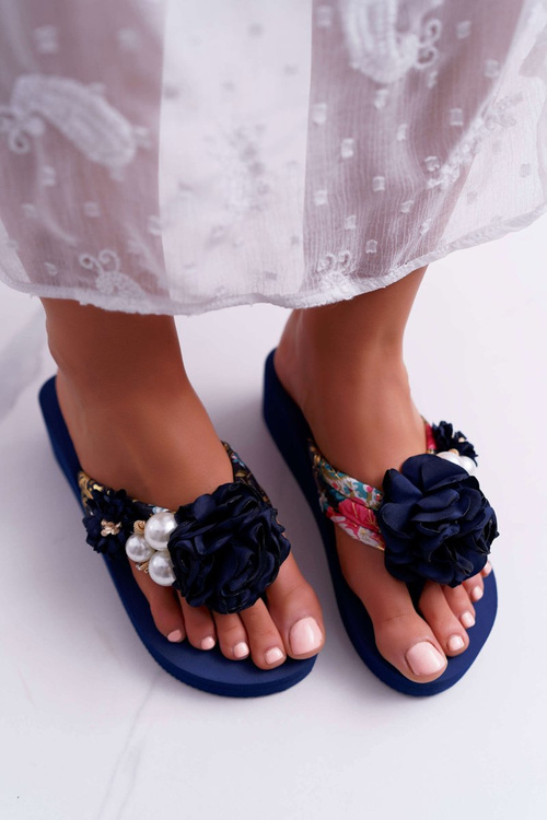 Dámske flip -flops s kvetinovými flip -flops na klinoch Navy Blue Sharme