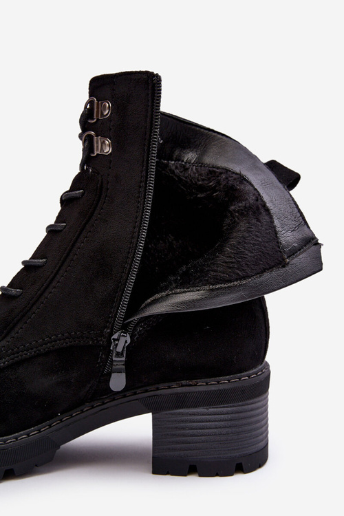 Damskie Botki Na Niskim Obcasie Sznurowane Czarne Adinail