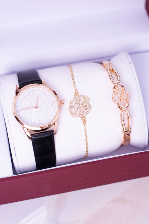 Nastavte Giorgio Dario Černé dámské s brokádou hodinky dva zlaté náramky