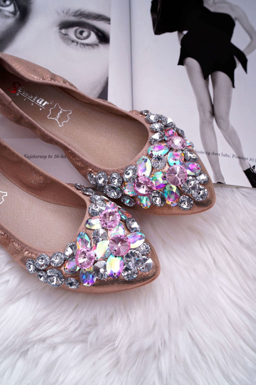 Kožené Baleríny S Ozdobnými Kameny Champagne Crystal