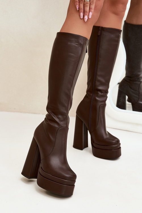 Zateplené dámské kozačky na podpatku a platformě čokoládové Lysara