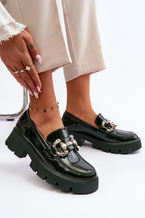 Dámské lakované mokasíny s ozdobou tmavě zelené Arsaba