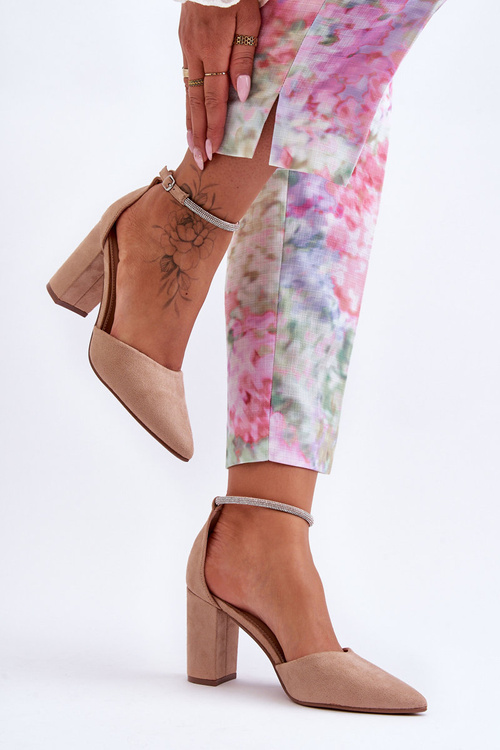 Zamszové Pumpy se Cyrkoniami Tmavě béžová Diamond