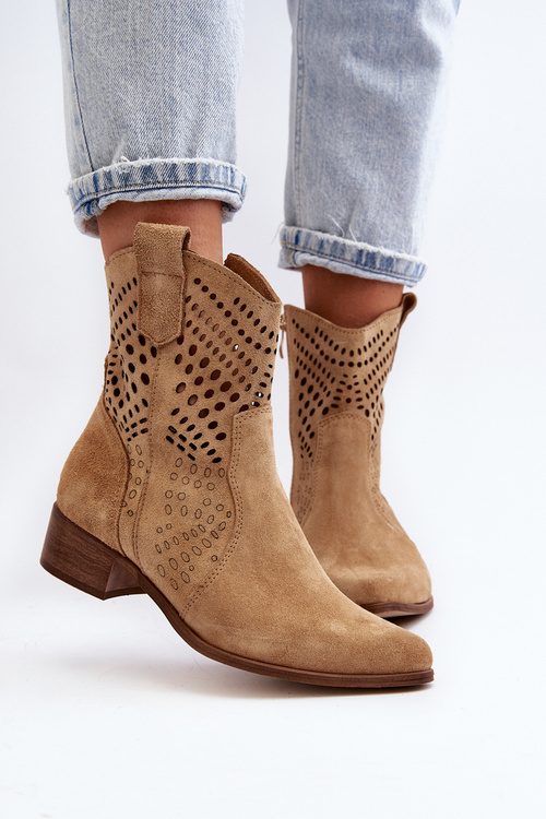 Zazoo 3305/2 Dámske Vyrezané Cowboyové Čižmy Nízky Podpätok Semiš Beige