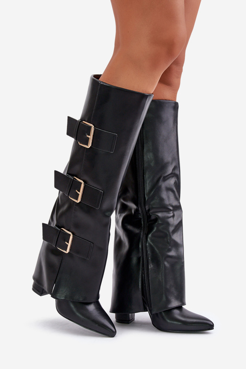 Zateplené dámské kozačky na podpatku s ohrnutým svrškem a sponami černé Piregonia