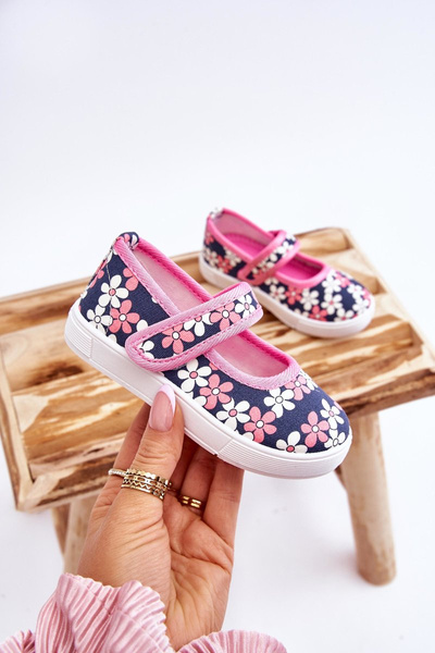 Detské baleríny s kvetmi Navy-ružové