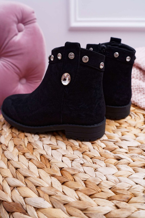 Mládežové čierne topánky s kryštálmi plochý päta venici