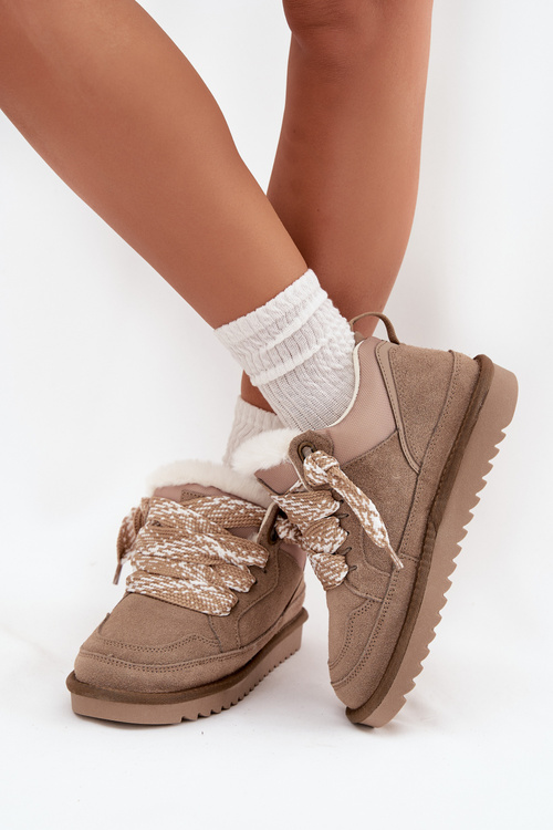 semišové zimní boty pro ženy s kožešinou a tlustým šněrováním Vinceza 97963 Béžové