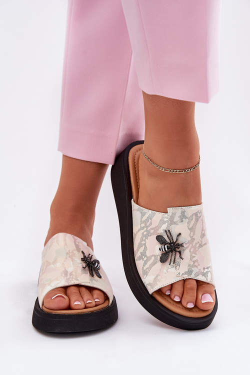 Dámske Kožené Papuče S Brošňou Vinceza 66752 Béžové