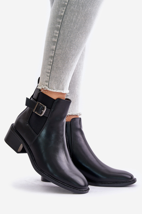 Dámské Chelsea boty na nízkém podpatku se zlatou sponou černé Vomera