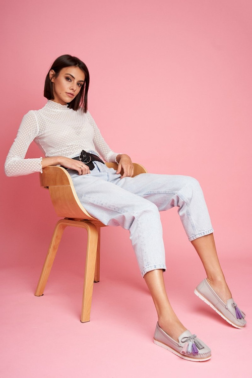 Dámske šedé bebbo kožené mokasíry