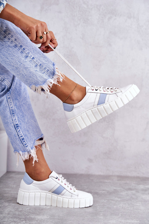 Dámské sportovní kožené boty zavazované bílé a modré Ariva