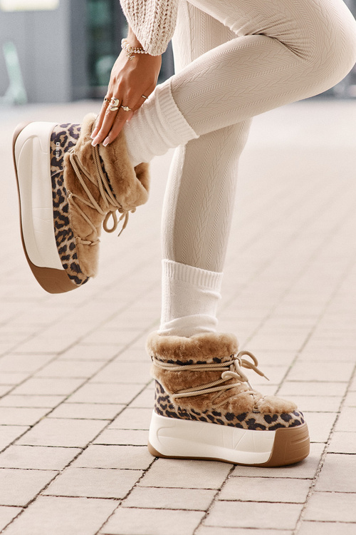 Kožené Dámske Snehule Na Hrubej Podošve S Kožušinou Panther Big Star OO274A207 Hnedé