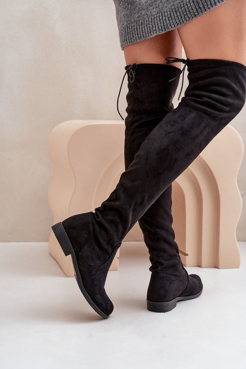 Čižmy Na Plochom Opätku Po Kolena Z Eko Semišom Čierne Linnithia