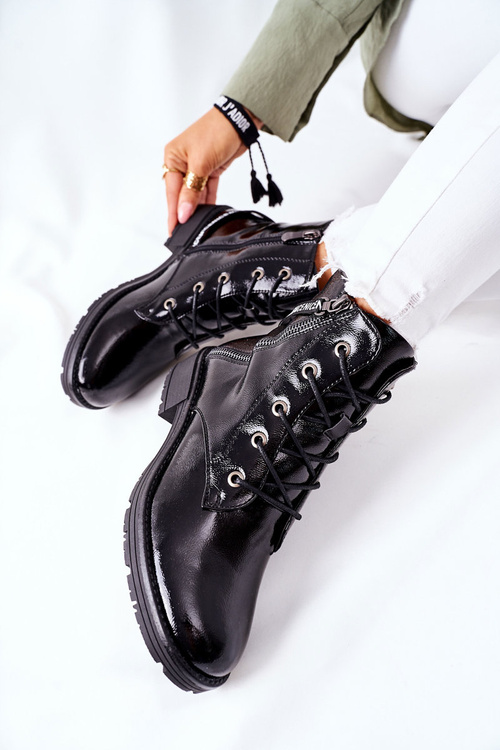 Dámské Kotníkové Ploché Workery Lakované Boty Cerne Goorey