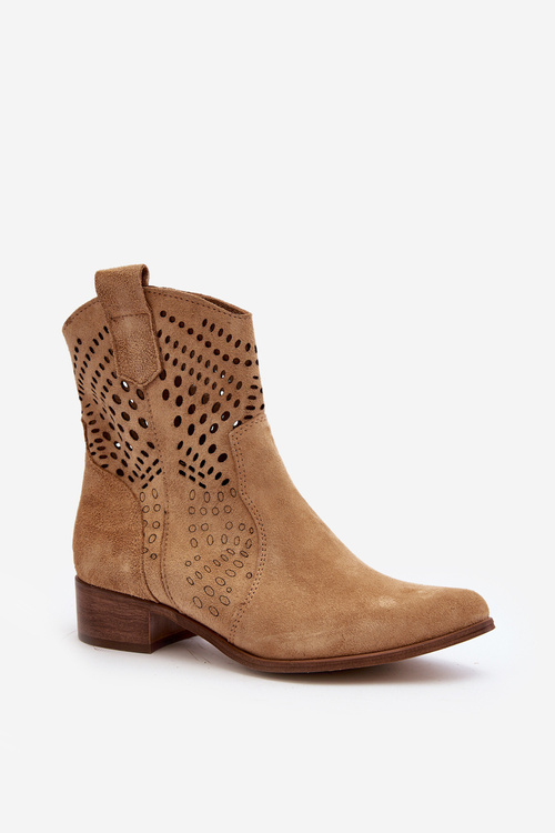 Zazoo 3305/2 Dámské Prošívané Botky Kowbojky Na Nízkém Podpatku Semišové Beige