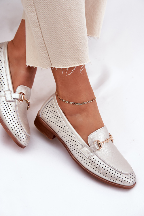 Kožené dámské mokasíny se zdobením na plochém podpatku S.Barski LR51-594 stříbrné