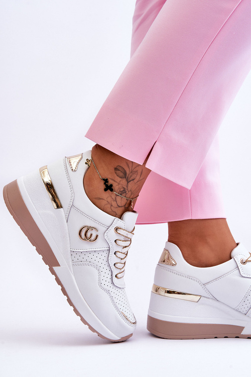 Dámské kožené sportovní boty na klínku Bílá a zlatá Rebeca
