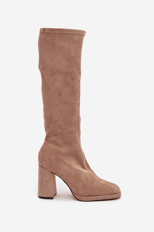 Dámské kozačky s prošitím na sloupkovém podpatku béžové Brivana