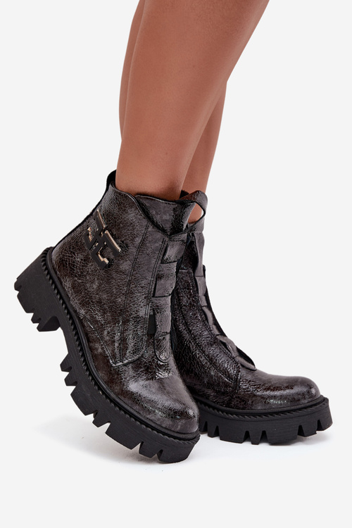 Kožené lakované dámské boty s ozdobou zateplené Artiker 57C2081 grafitové