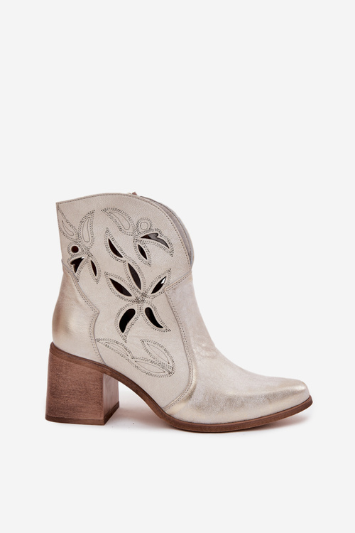 Dámské kotníky s otevřenou síťovinou z přírodní kůže na podpatku Zazoo 3690 zlaté popraskané