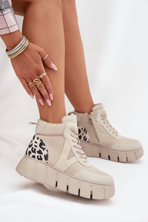Kožené dámské kotníčkové boty na platformě vyhřívané Vinceza 66838 béžové