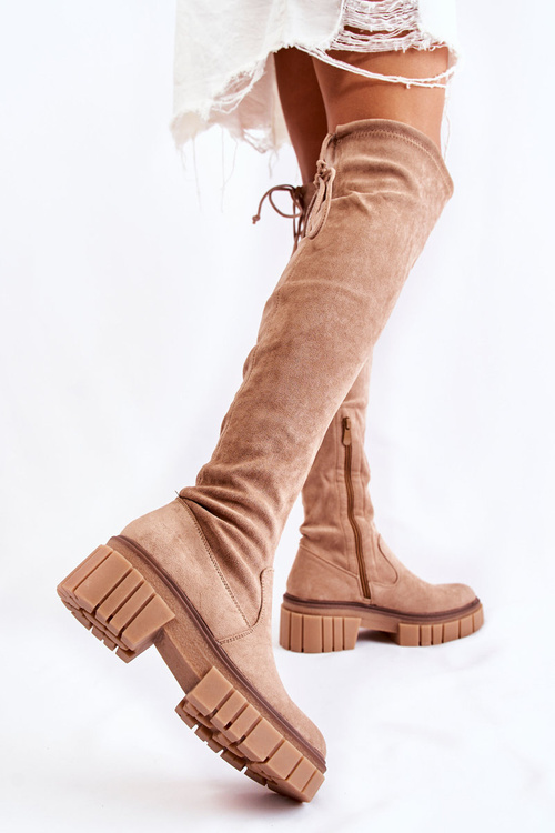 Dámske semišové topánky nad kolennou béžovou cheerou