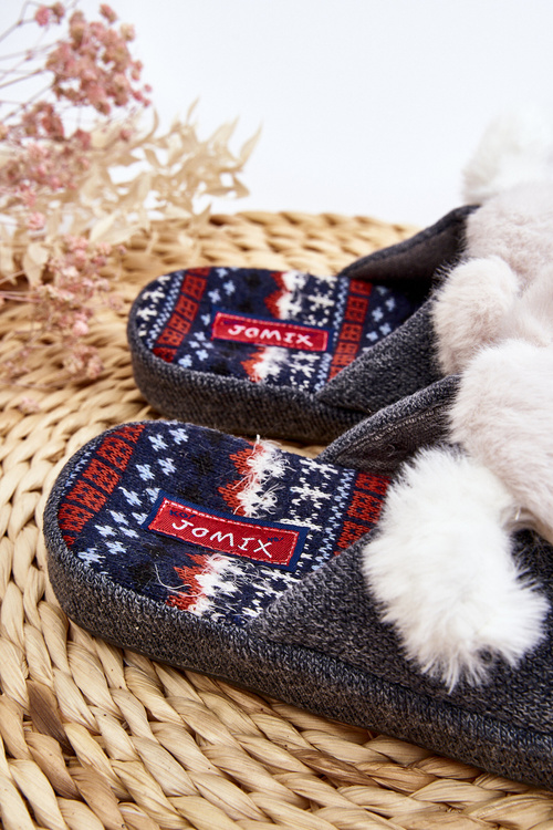 Detské papuče na silnej podrážke so sivým medvedíkom