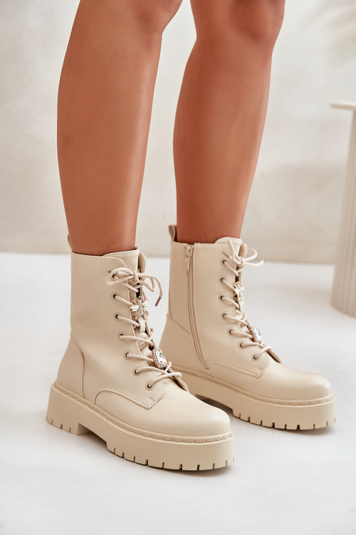 Zateplené čižmy worker dámske s akcentmi béžové Avorira