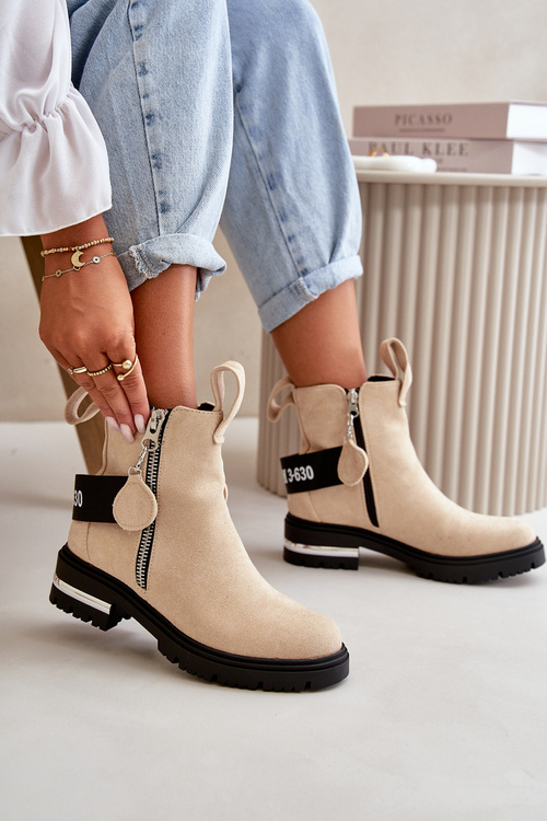 Dámské zateplené kozačky na zip Béžová Calvaro