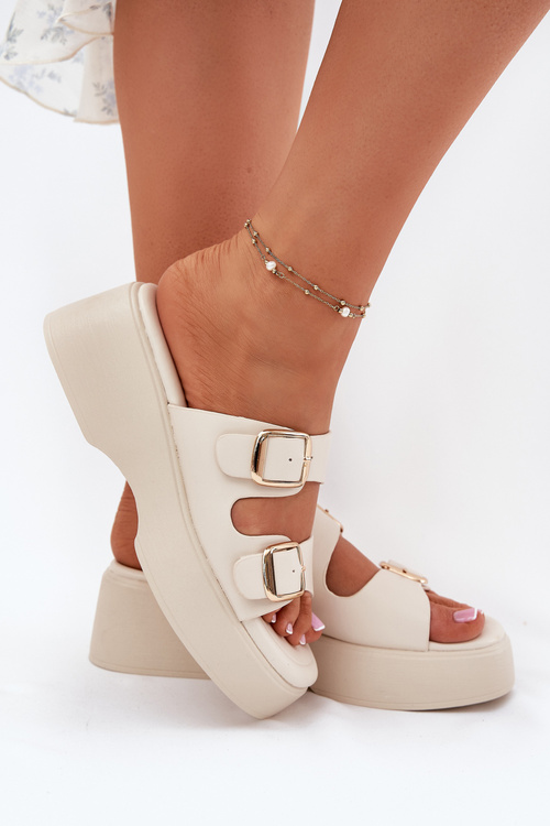 Dámske šľapky na platforme a klinu s prackami svetlo béžové Nitarelia