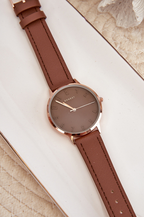 Dámske kožené analogové hodinky bez niklu Ernest hnedý E94195