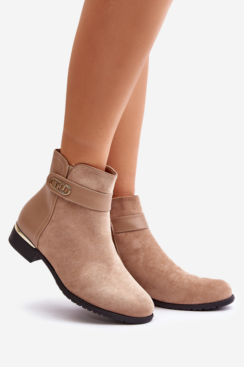 Zateplené dámské boty na plochém podpatku se zlatým detailem béžové Ravasira