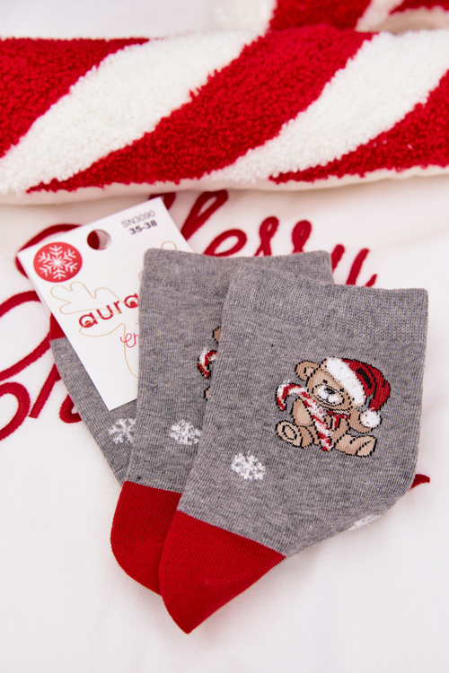 Dámske Vianočné Ponožky Snehové Vločky Medveď V Čiapke Santa Tmavosivá