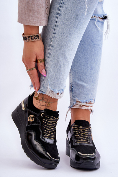 Dámské kožené sportovní boty na klínku Černá Rebeca