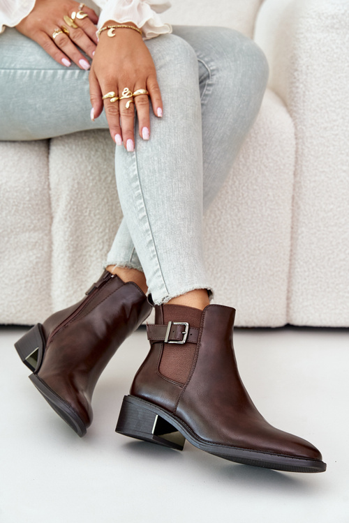 Dámské Kotníkové Boty Na Nízkém Podpatku Se Zlatou Sponou Hnědé Vomera