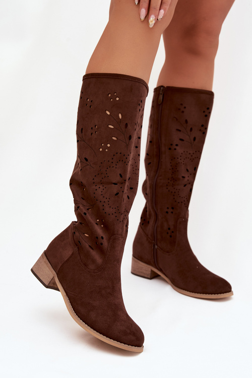 Otevřené dámské vysoké boty na kostku čokoládové Helinna