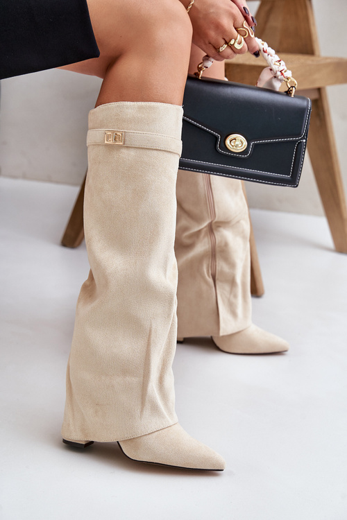 Kozačky Na Podpatku S Otočeným Svrškem Zateplené Světle Béžové Urelli