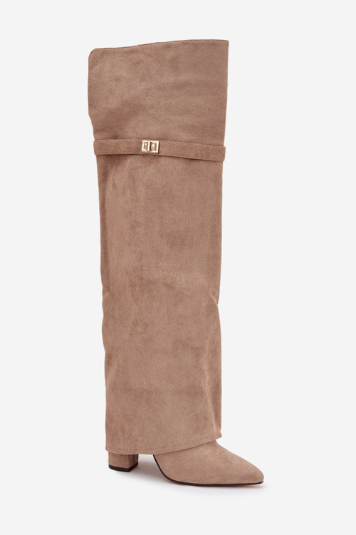 Zateplené čižmy s ohnutým horným dielom nad kolenom s podpätkom blok béžové Serelle