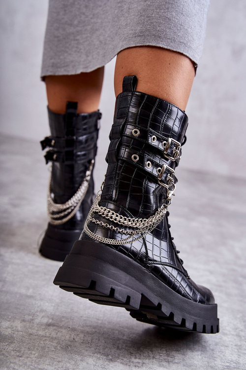 Vysoké Pracovní Boty S řetízkem Had Černý Montero