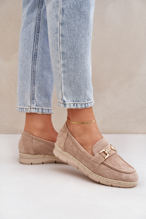 Dierované Mokasíny So Zlatým Detailom A Jutovou Pleteninou Béžové Lainer