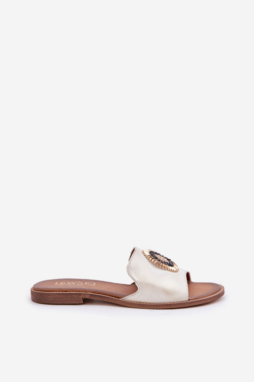 Kožené Papuče S Dekoráciou Na Nízkom Opätku Zlaté Ošúchané Lewski 3047/O