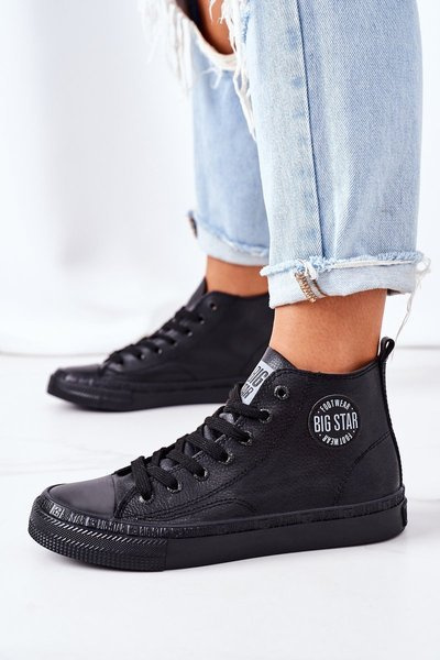 Dámska kožená koža veľká hviezda GG274015 Čierne tenisky