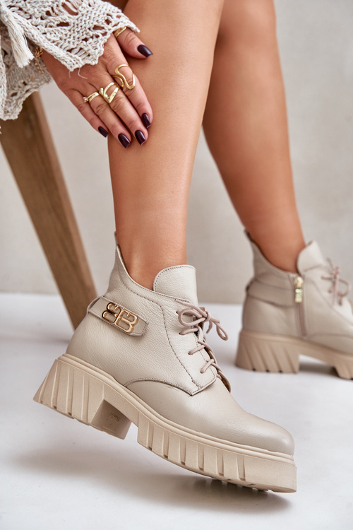 Zazoo 60483 Dámske Kožené Čižmy S Nízkych Zatepleným Vrchom Béžové