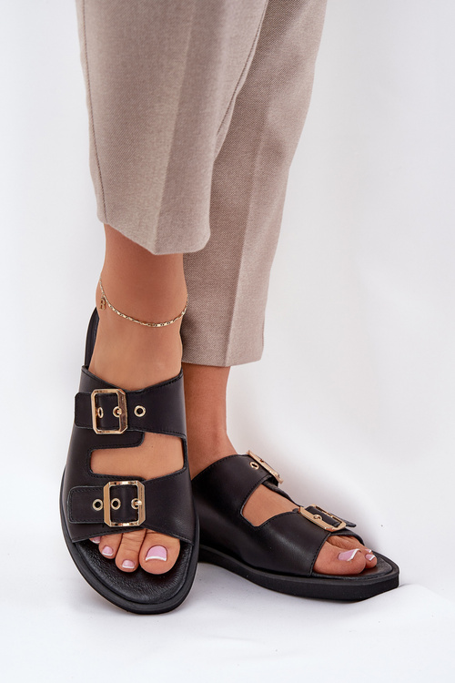 Kožené Ploché Pantofle S Přezkami Zazoo 3020 Černé