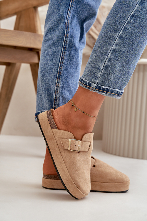 Dámské Pantofle Na Platformě Se Zlatou Sponou Tmavě Béžové Terilaina