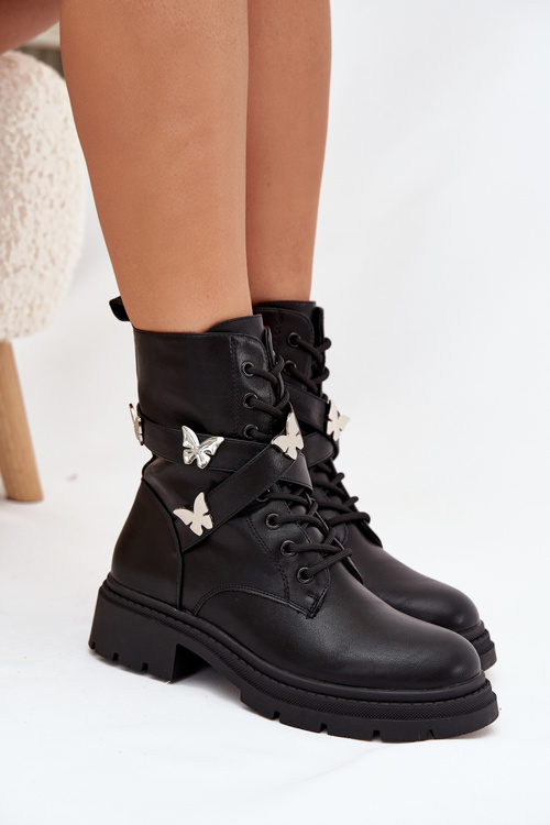 Zateplené pracovné čižmy s pásikom a striebornými sponami Čierne Kaelina