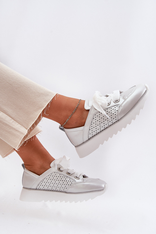 Dámske Kožené Tenisky Na Platforme D&A LR51-796 Strieborné