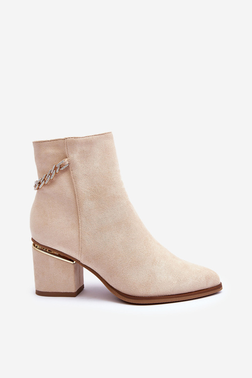 Kožené Botky Na Podpatku S Bižuterní Ozdobou Bežové Jadirel