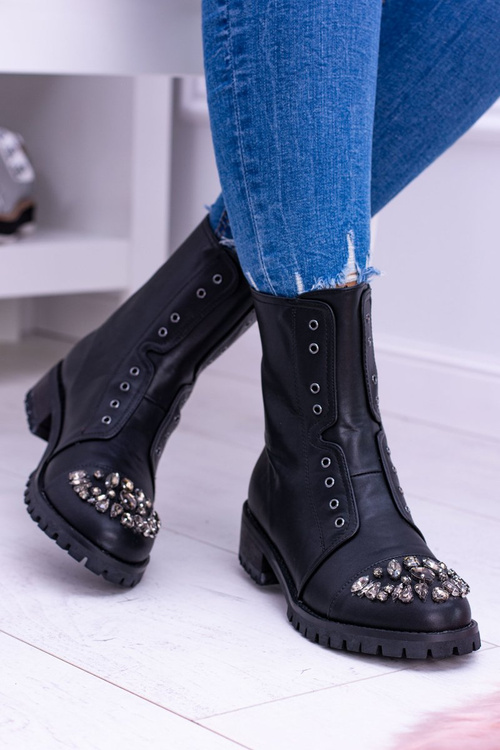 Lu Boo | Czarne Damskie Botki Za Kostkę z Cyrkoniami Carrie